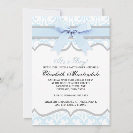 Damask Heart Blue Ribbon Baby shower Invitation Kaart (Voorkant)