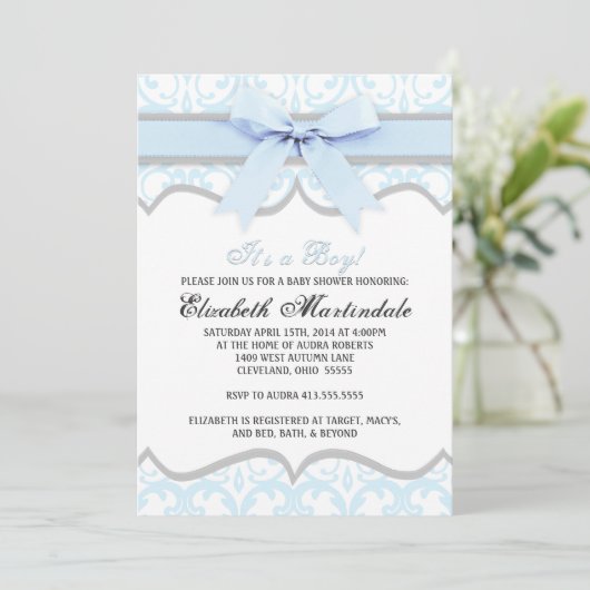 Damask Heart Blue Ribbon Baby shower Invitation Kaart (Staand voorkant)