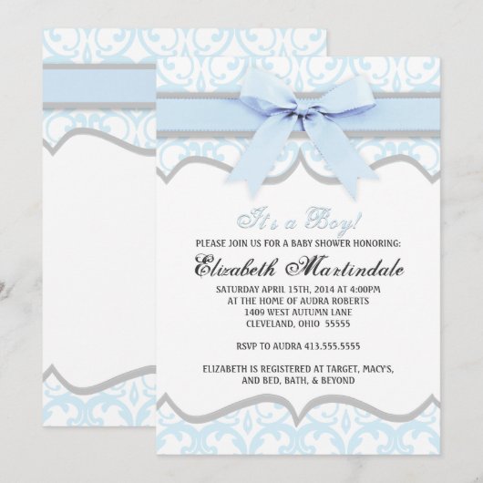 Damask Heart Blue Ribbon Baby shower Invitation Kaart (Voorkant / Achterkant)