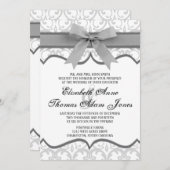Damask Heart met Gray Ribbon Wedding Invitation Kaart (Voorkant / Achterkant)