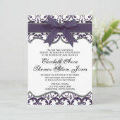 Damask Heart met Plum Ribbon Wedding Invitation Kaart (Staand voorkant)