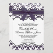 Damask Heart met Plum Ribbon Wedding Invitation Kaart (Voorkant / Achterkant)