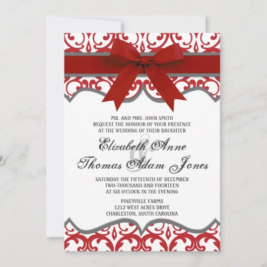 Damask Heart met Red Ribbon Wedding Invitation Kaart (Voorkant)