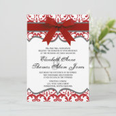 Damask Heart met Red Ribbon Wedding Invitation Kaart (Staand voorkant)