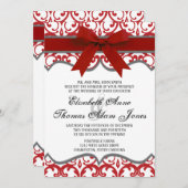 Damask Heart met Red Ribbon Wedding Invitation Kaart (Voorkant / Achterkant)