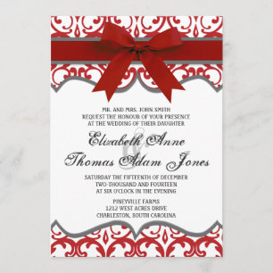 Damask Heart met Red Ribbon Wedding Invitation Kaart
