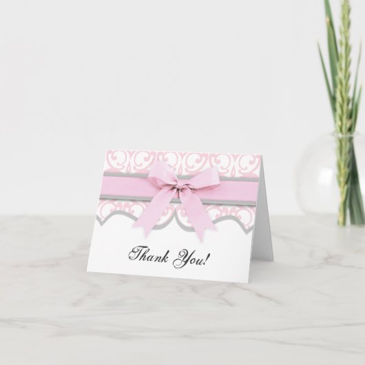 Damask Heart Pink Ribbon Baby shower Bedankt (Voorkant)