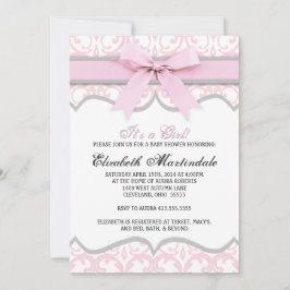 Damask Heart Pink Ribbon Baby shower Invitation Kaart