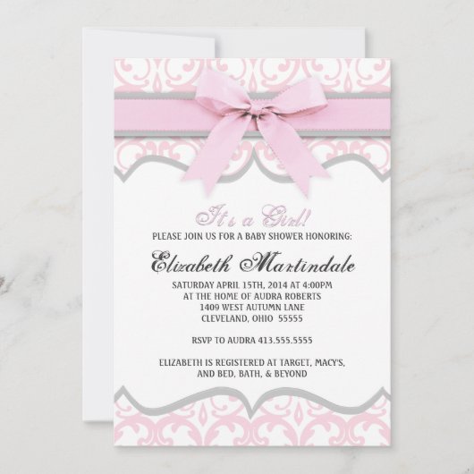 Damask Heart Pink Ribbon Baby shower Invitation Kaart (Voorkant)