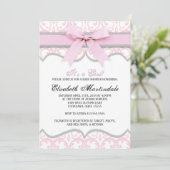 Damask Heart Pink Ribbon Baby shower Invitation Kaart (Staand voorkant)