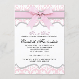 Damask Heart Pink Ribbon Baby shower Invitation Kaart