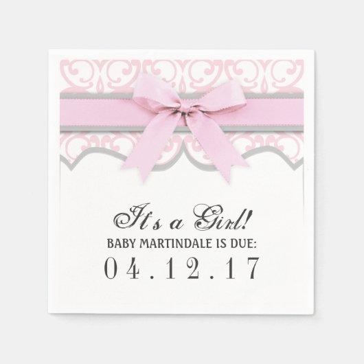 Damask Heart Pink Ribbon Baby shower Servet (Voorkant)