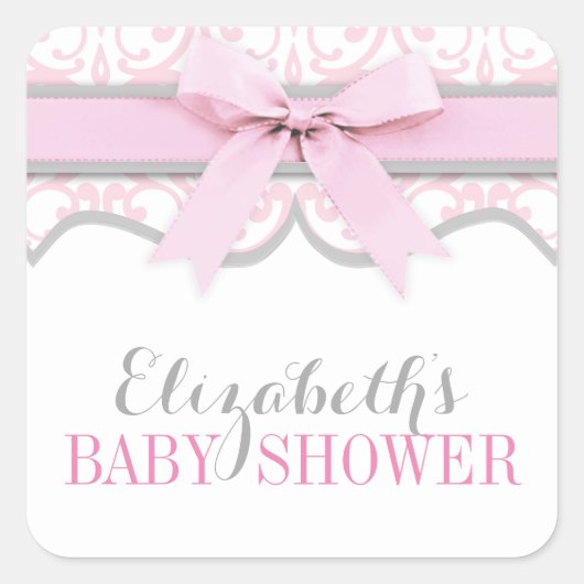 Damask Heart Pink Ribbon Baby shower Sticker (Voorkant)