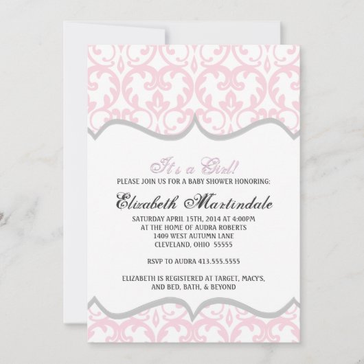 Damask Heart Pink Ribbon Baby shower Uitnodiging (Voorkant)