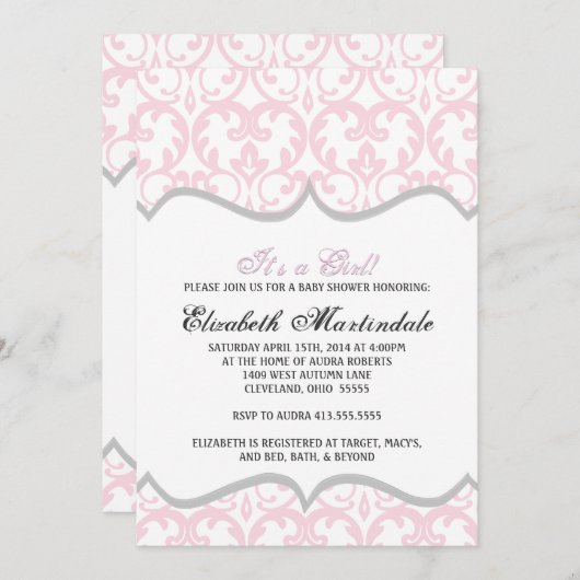 Damask Heart Pink Ribbon Baby shower Uitnodiging (Voorkant / Achterkant)