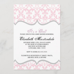 Damask Heart Pink Ribbon Baby shower Uitnodiging