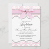 Damask Heart Pink Ribbon Baptisme Invitation Kaart (Voorkant)
