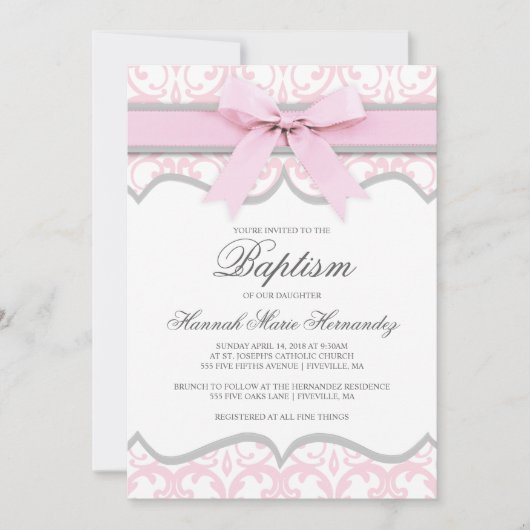 Damask Heart Pink Ribbon Baptisme Invitation Kaart (Voorkant)