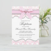 Damask Heart Pink Ribbon Baptisme Invitation Kaart (Staand voorkant)