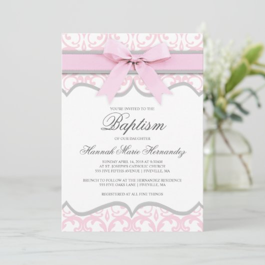 Damask Heart Pink Ribbon Baptisme Invitation Kaart (Staand voorkant)