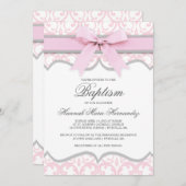 Damask Heart Pink Ribbon Baptisme Invitation Kaart (Voorkant / Achterkant)