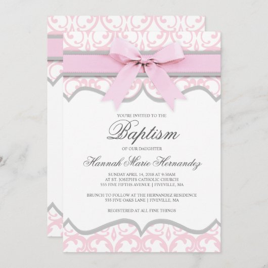 Damask Heart Pink Ribbon Baptisme Invitation Kaart (Voorkant / Achterkant)