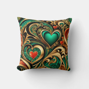 Damask Hearts Gold Blauwgroen koraal Herhalingspat Kussen