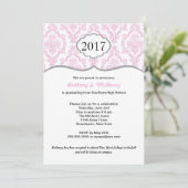 Damask High School Afstuderen nodigt roze en grijs Kaart (Staand voorkant)