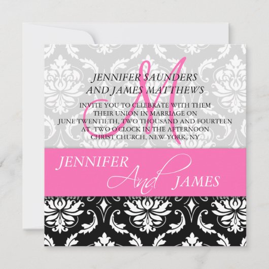 Damask Hot Pink Monogram Naam Wedding Invitaties Kaart (Voorkant)