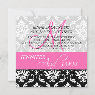 Damask Hot Pink Monogram Naam Wedding Invitaties Kaart