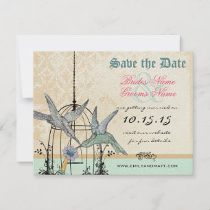 Damask Hummingbird Birdcage Wedding Save the Date Kaart