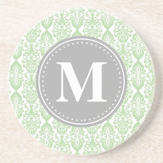 Damask in Mint Green Grey Monogram Zandsteen Onderzetter (Voorkant)