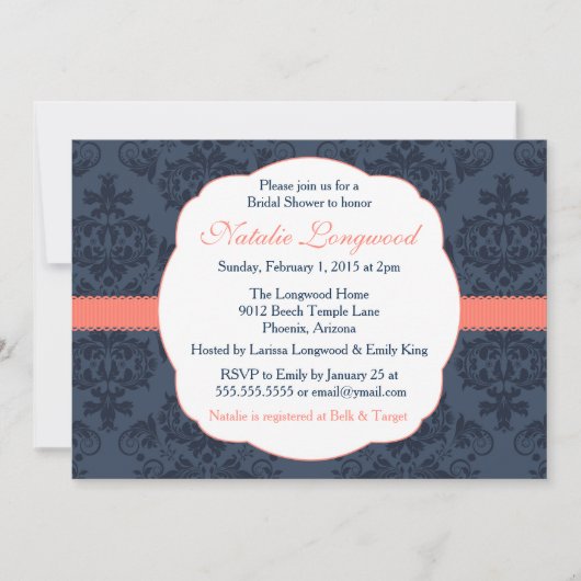 Damask Invitation Bridal, Baby shower, koraalmarin Kaart (Voorkant)