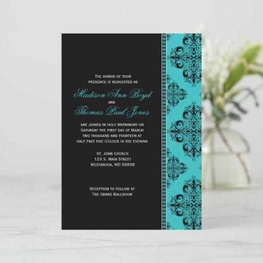 Damask Invitation in Blue Kaart (Staand voorkant)