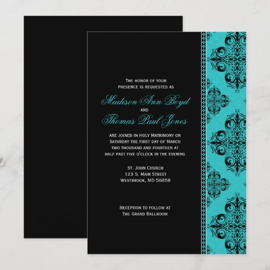Damask Invitation in Blue Kaart (Voorkant / Achterkant)