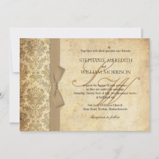 Damask  Ivory Bow Wedding Invitation Kaart (Voorkant)