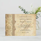 Damask  Ivory Bow Wedding Invitation Kaart (Staand voorkant)