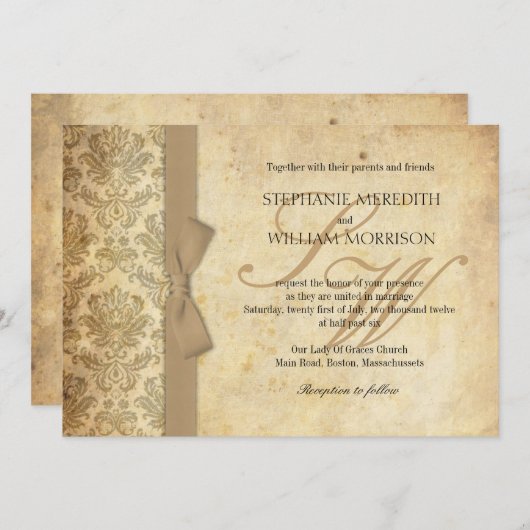 Damask  Ivory Bow Wedding Invitation Kaart (Voorkant / Achterkant)