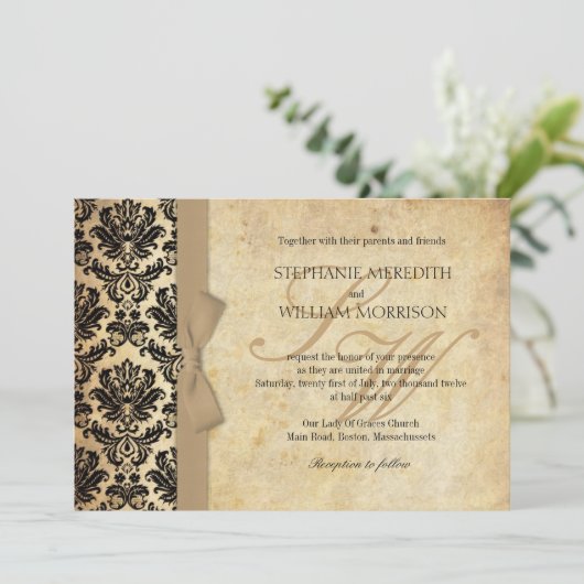 Damask  Ivory Bow Wedding Invitation Kaart (Staand voorkant)
