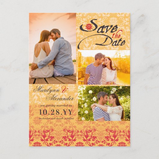 Damask Lace  Chic Photo Save the Date Aankondigingskaart (Voorkant)