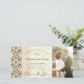  Damask Lace Coffee & Cream Photo Wedding Bedankkaart (Staand voorkant)