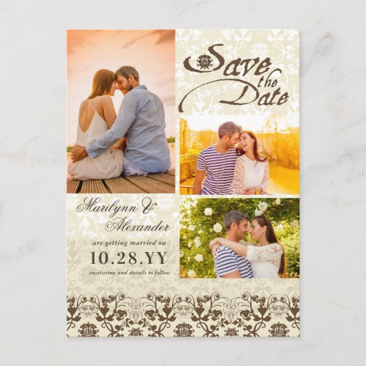  Damask Lace Coffee Photo Sla de datum op Aankondigingskaart (Voorkant)