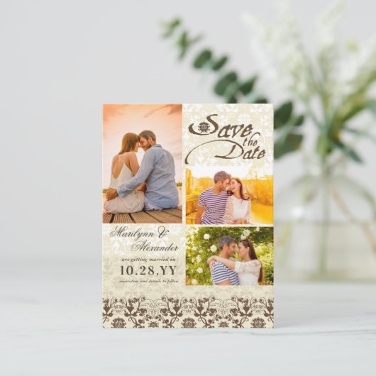 Damask Lace Coffee Photo Sla de datum op Aankondigingskaart (Staand voorkant)