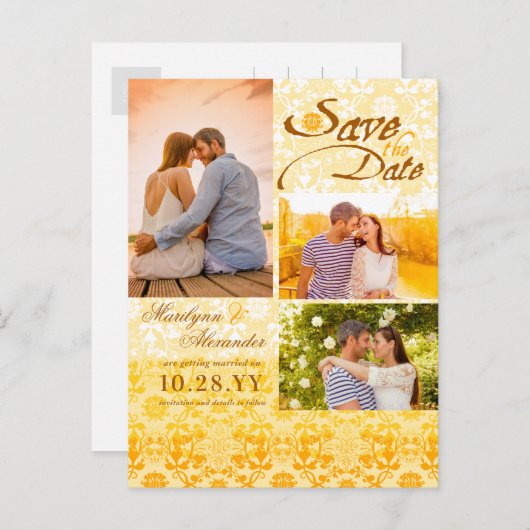 Damask Lace Golden Yellow Photo Save the Date Aankondigingskaart (Voorkant / Achterkant)