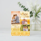 Damask Lace Golden Yellow Photo Save the Date Aankondigingskaart (Staand voorkant)