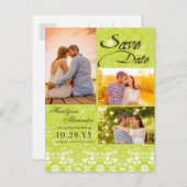 Damask Lace Green Photo Save the Date Aankondigingskaart (Voorkant / Achterkant)