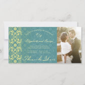 Damask Lace Peacock Blue Photo Weduwschap Bedankkaart (Voorkant)