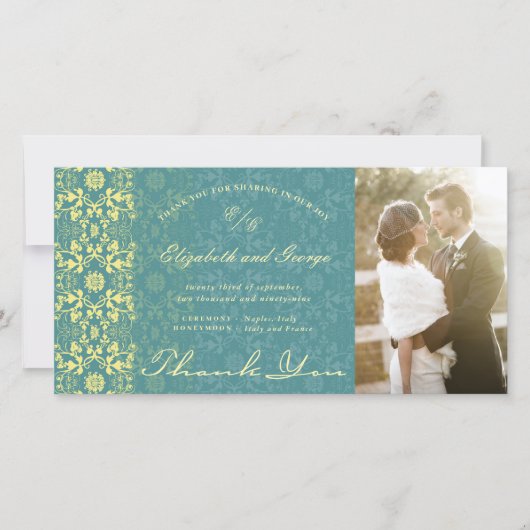 Damask Lace Peacock Blue Photo Weduwschap Bedankkaart (Voorkant)