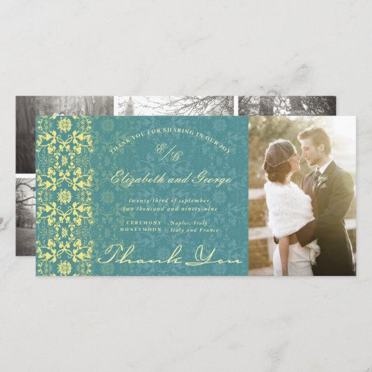 Damask Lace Peacock Blue Photo Weduwschap Bedankkaart (Voorkant / Achterkant)