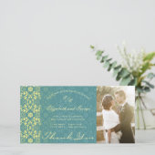 Damask Lace Peacock Blue Photo Weduwschap Bedankkaart (Staand voorkant)